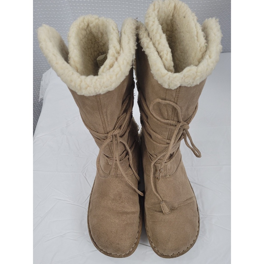 Airwalk Sherpa Lined Tan Faux Suede Winter Boots w/ Wrap around Ties Size 8 1/2